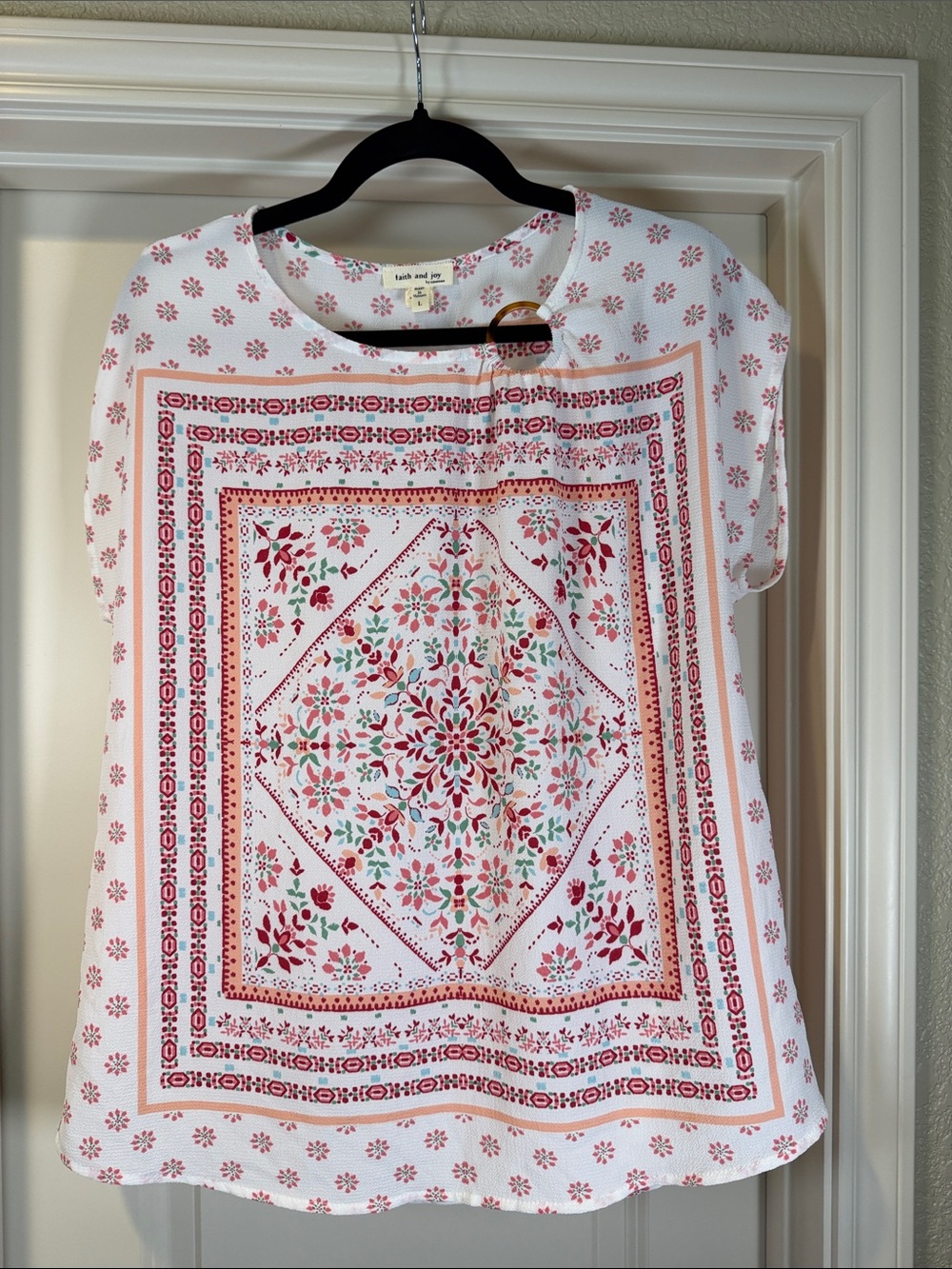 Faith and Joy White Blouse with Red Floral Bandana Print & Tortoiseshell Accent